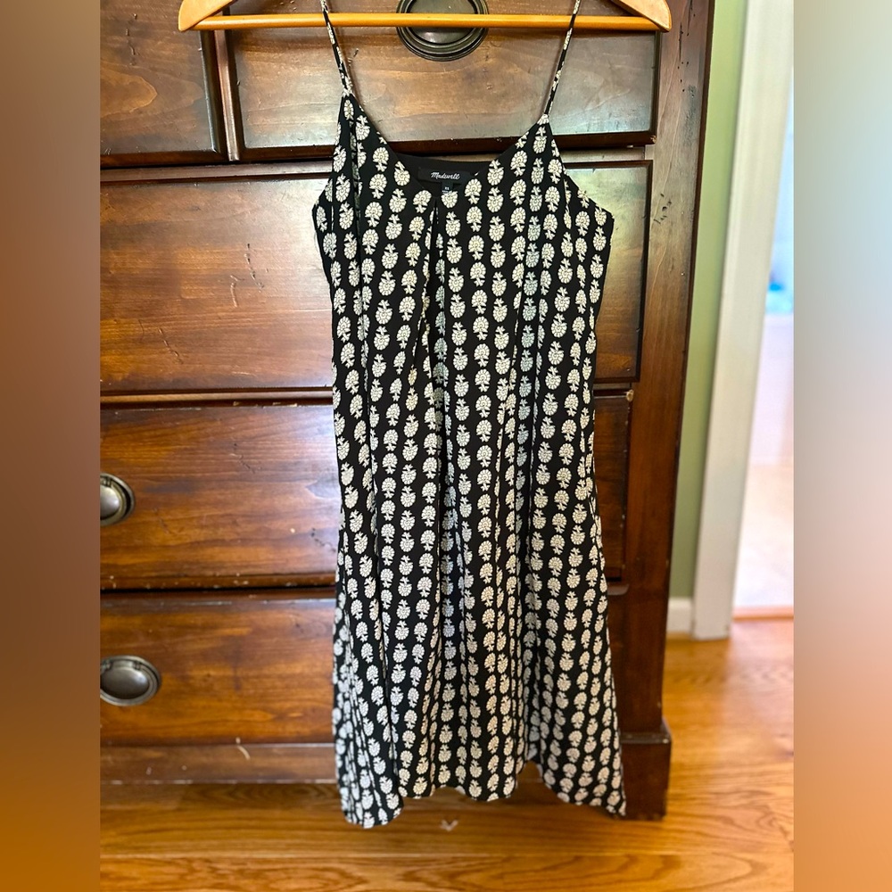 Madewell Women’s 100% Silk Black Block print Spaghetti strap dress Size XS